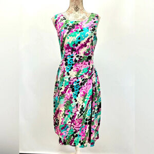 LAURA ASHLEY Pink, Aqua and black abstract print sleeveless midi dress size 12.